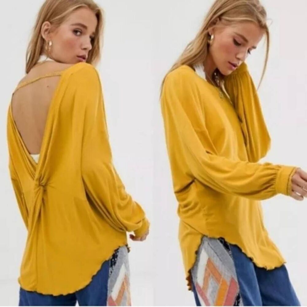 Free People Womens Shimmy Shake Tunic Top Size Small Yellow Ribbed Slouchy Boho